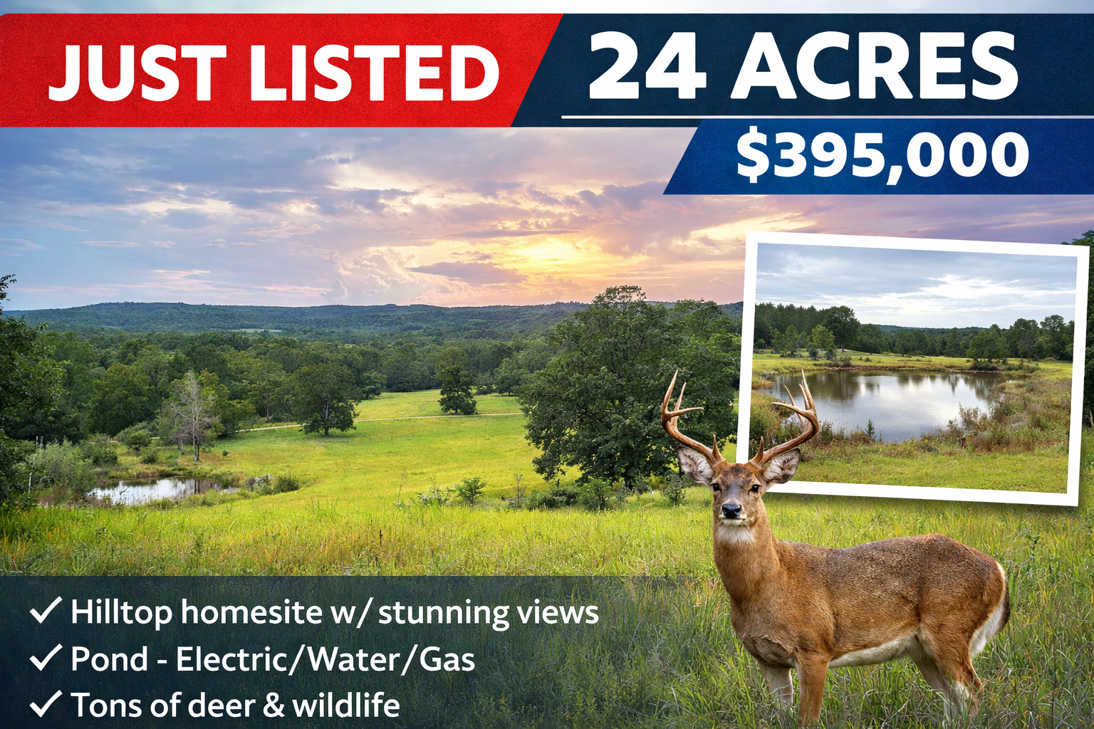 24 acres for sale in Rusk Texas with pond, hilltop homesite and utilities available East Texas land listing
