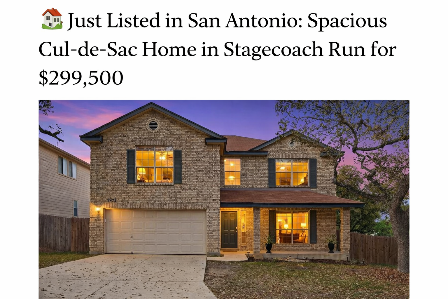 Just listed home at 9422 Shotgun Dr in Stagecoach Run, San Antonio TX with twilight exterior view