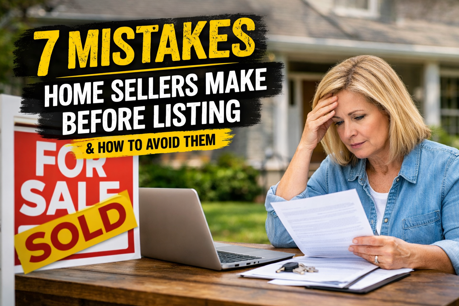 7 mistakes home sellers make before listing blog post image with for sale sign and homeowner reviewing paperwork