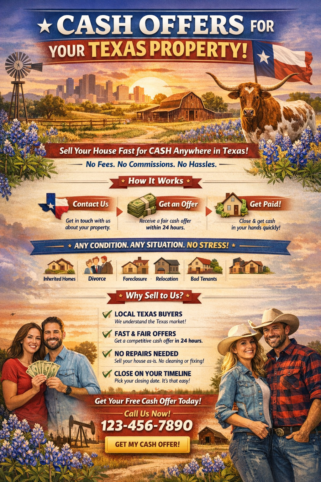 Texas home selling infographic with checklist steps and Texas-themed real estate visuals
