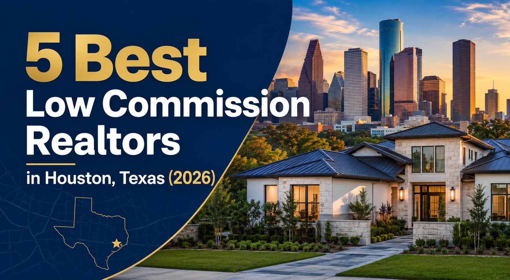 Houston skyline and home for a guide comparing low commission Realtors