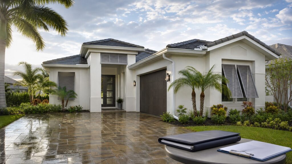 Florida home prepared for sale with storm shutters, gutters and organized property records after rain