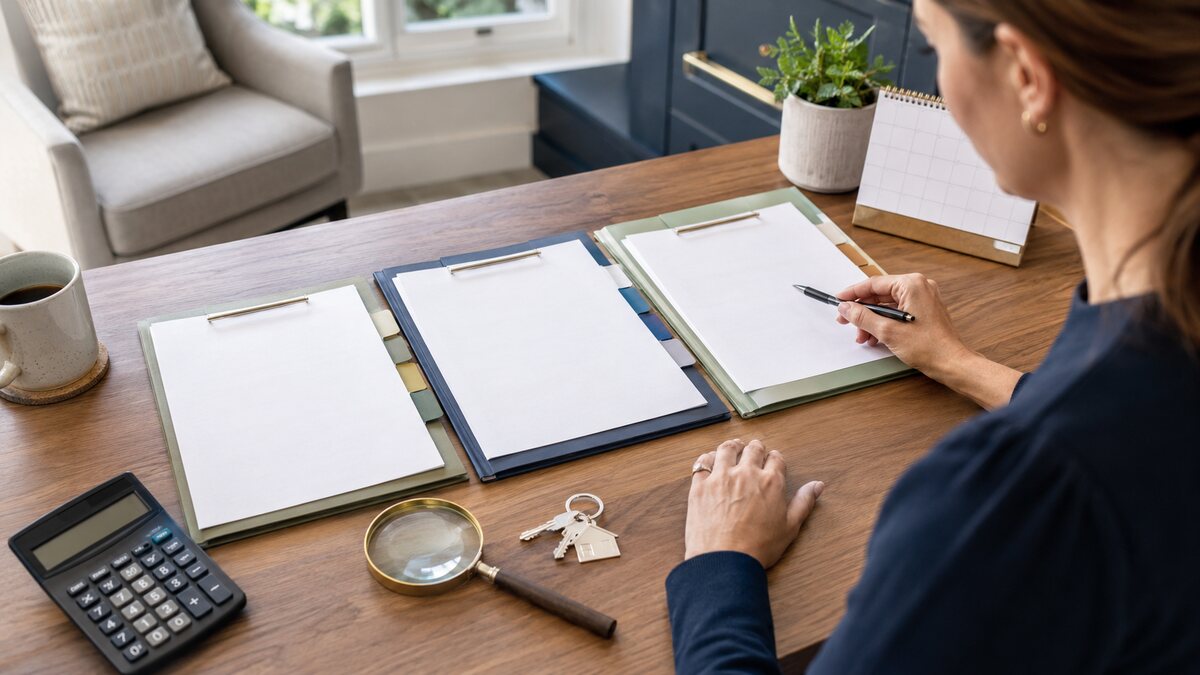 Home seller comparing three written offers with a calculator and magnifying glass