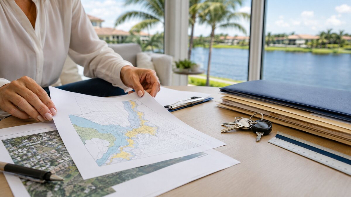 Florida waterfront home seller organizing flood zone and property records