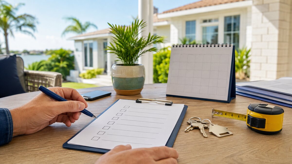 Florida homeowner preparing a home-selling checklist with keys and calendar
