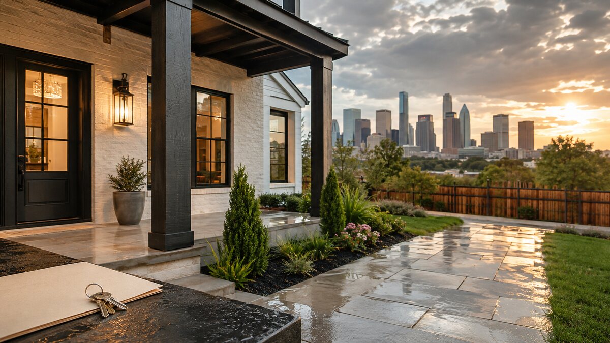 Houston home with skyline after a summer rain
