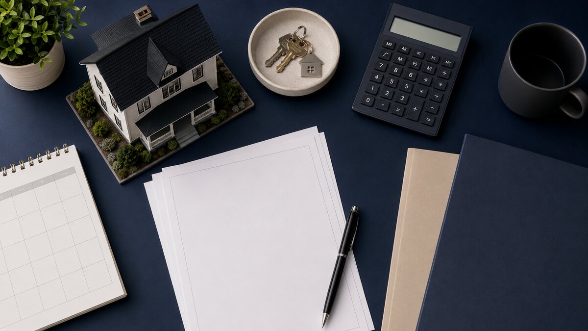 Overhead closing-cost documents, calculator, keys, and model home