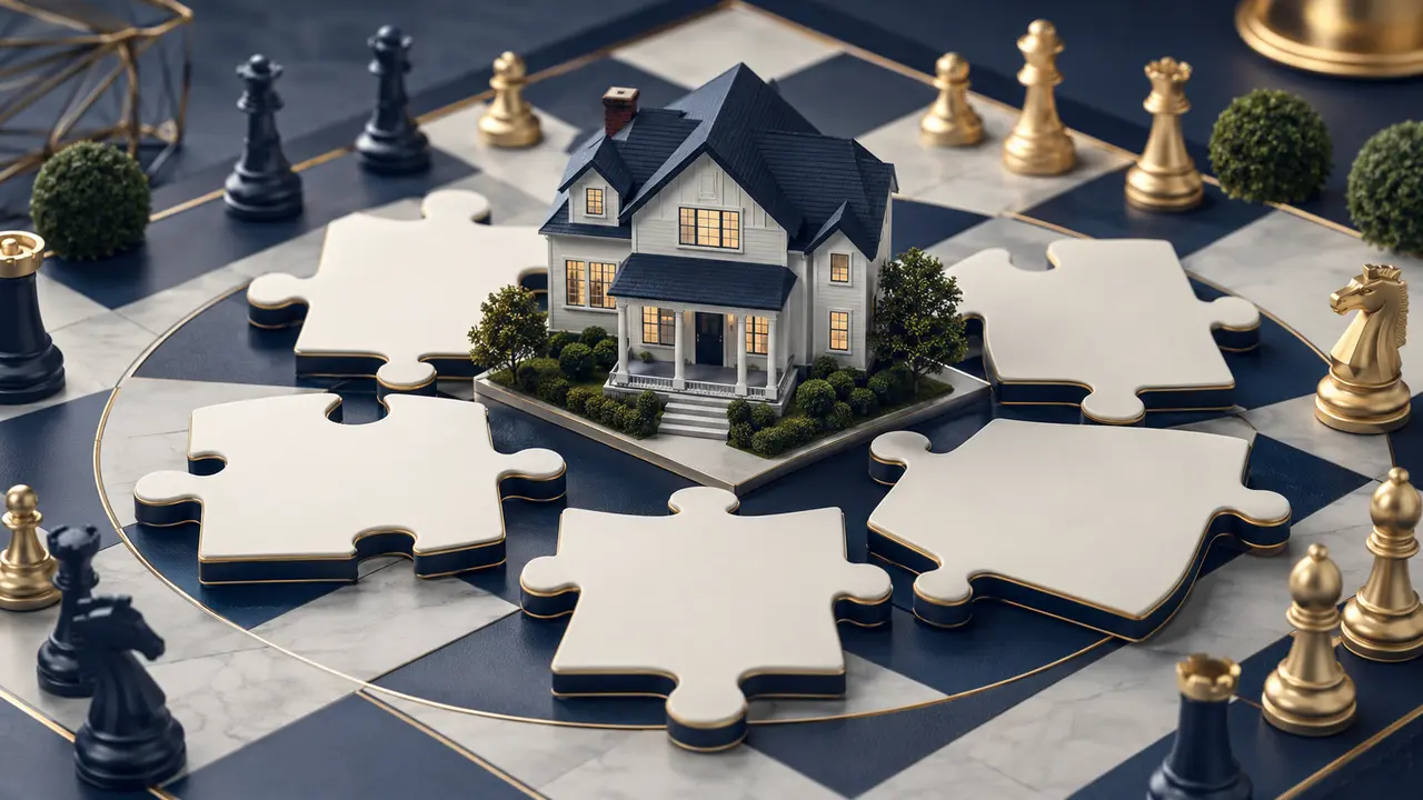 Model home surrounded by negotiation puzzle pieces and chess pieces