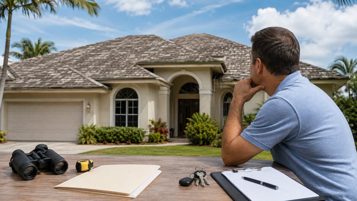Florida homeowner evaluating an older shingle roof before selling