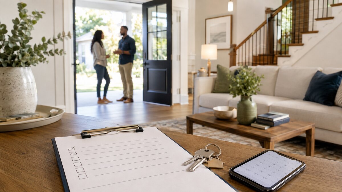 Home showing feedback sheet, keys and buyers leaving a tour