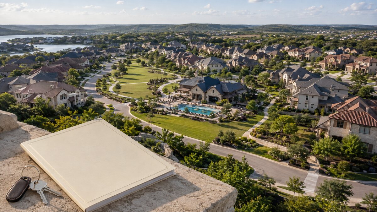 Aerial view of a Texas planned community with HOA document folder