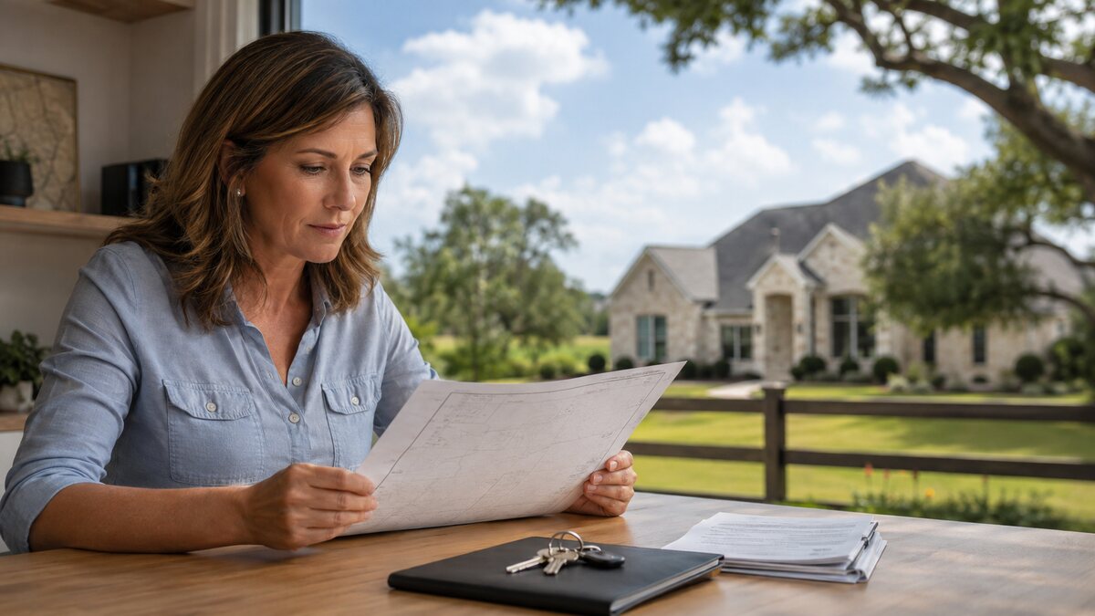 Texas homeowner reviewing a property survey and title records