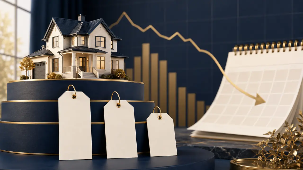 Model home, descending price cards, market graph and calendar