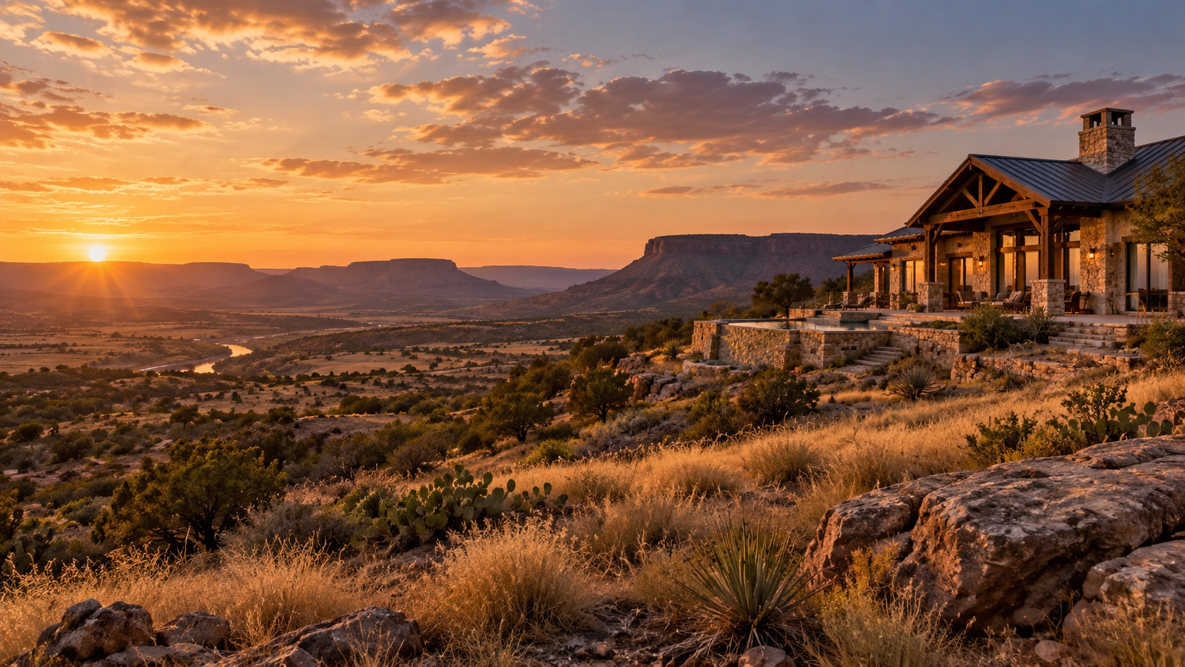 West Texas ranch estate overlooking open land, mesas and a wide sunset sky