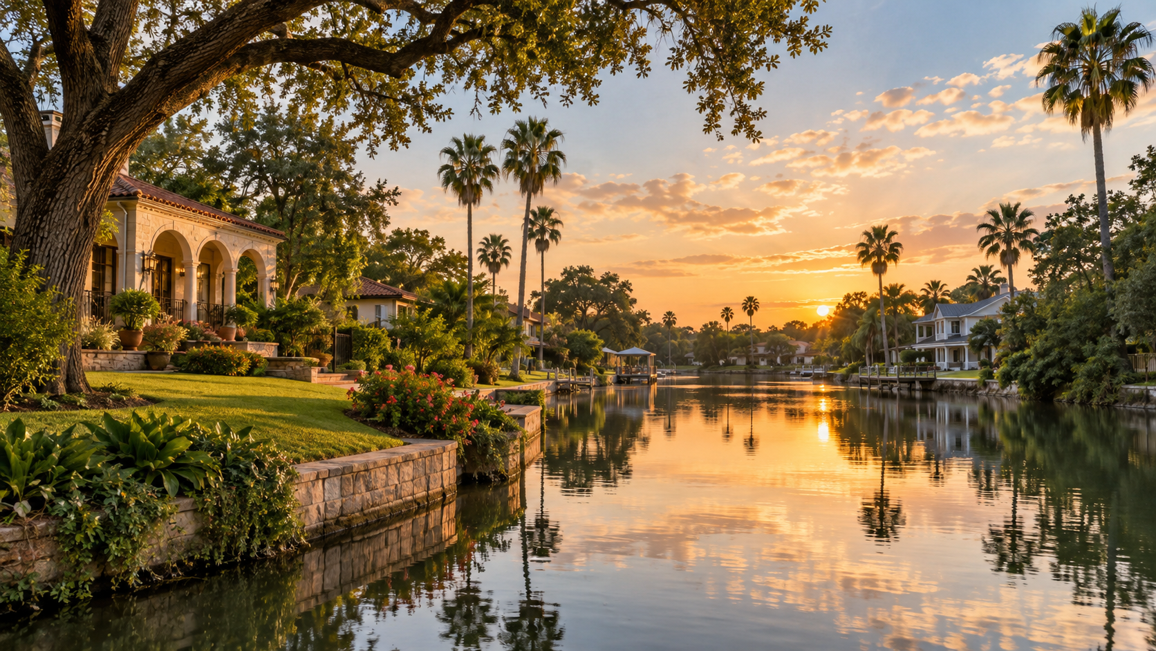 Brownsville Texas homes along a palm-lined resaca at sunset