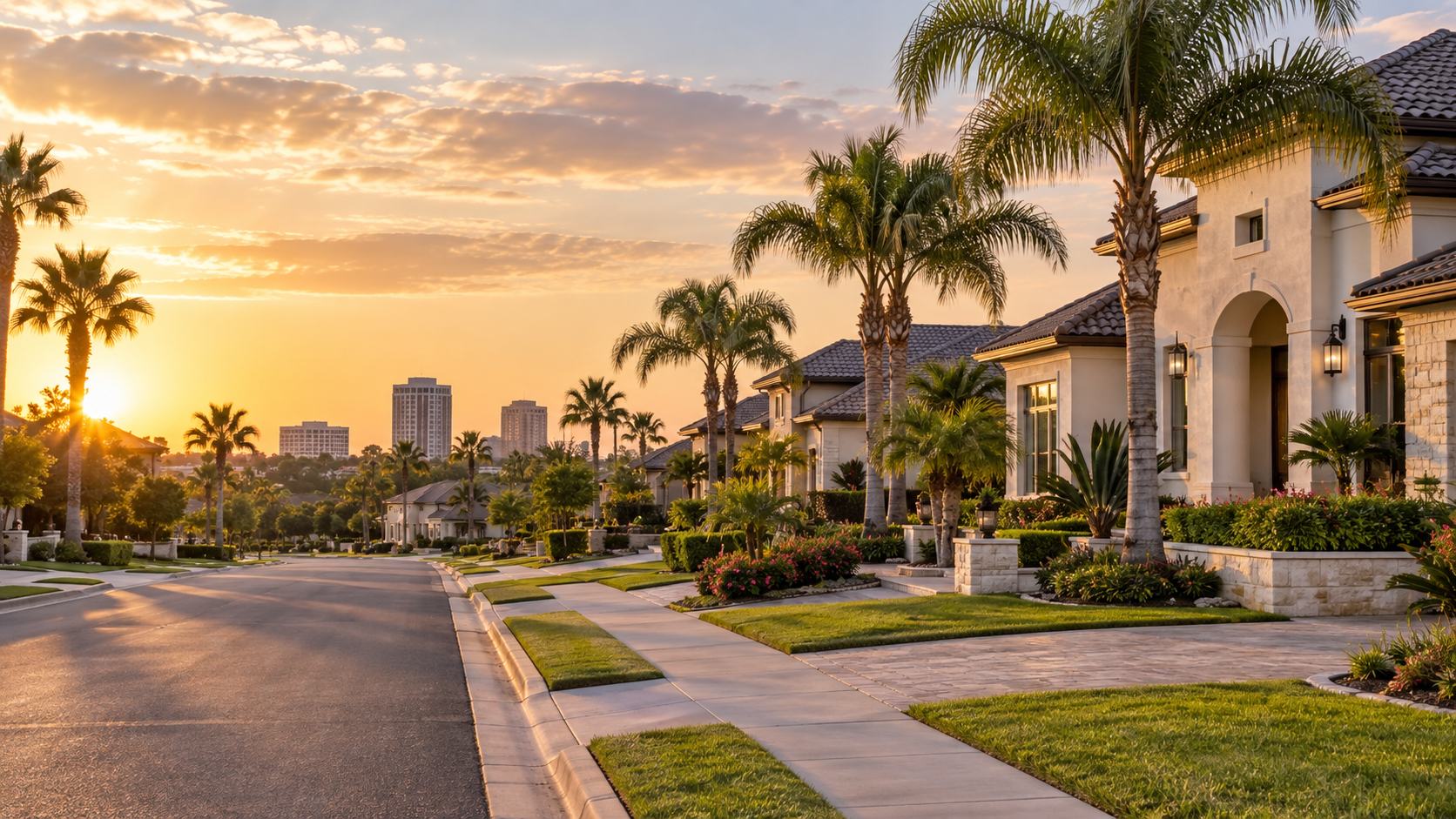 Upscale McAllen Texas neighborhood with palm trees and well-kept homes