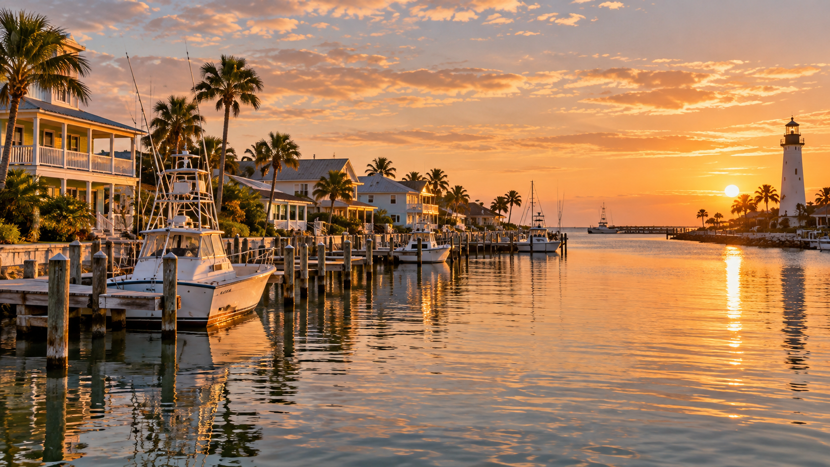 Port Isabel waterfront homes, marina docks and lighthouse at sunset