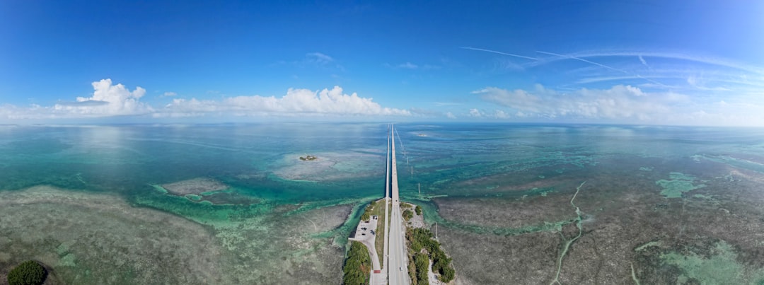 Aerial view of the Florida Keys Overseas Highway surrounded by blue water