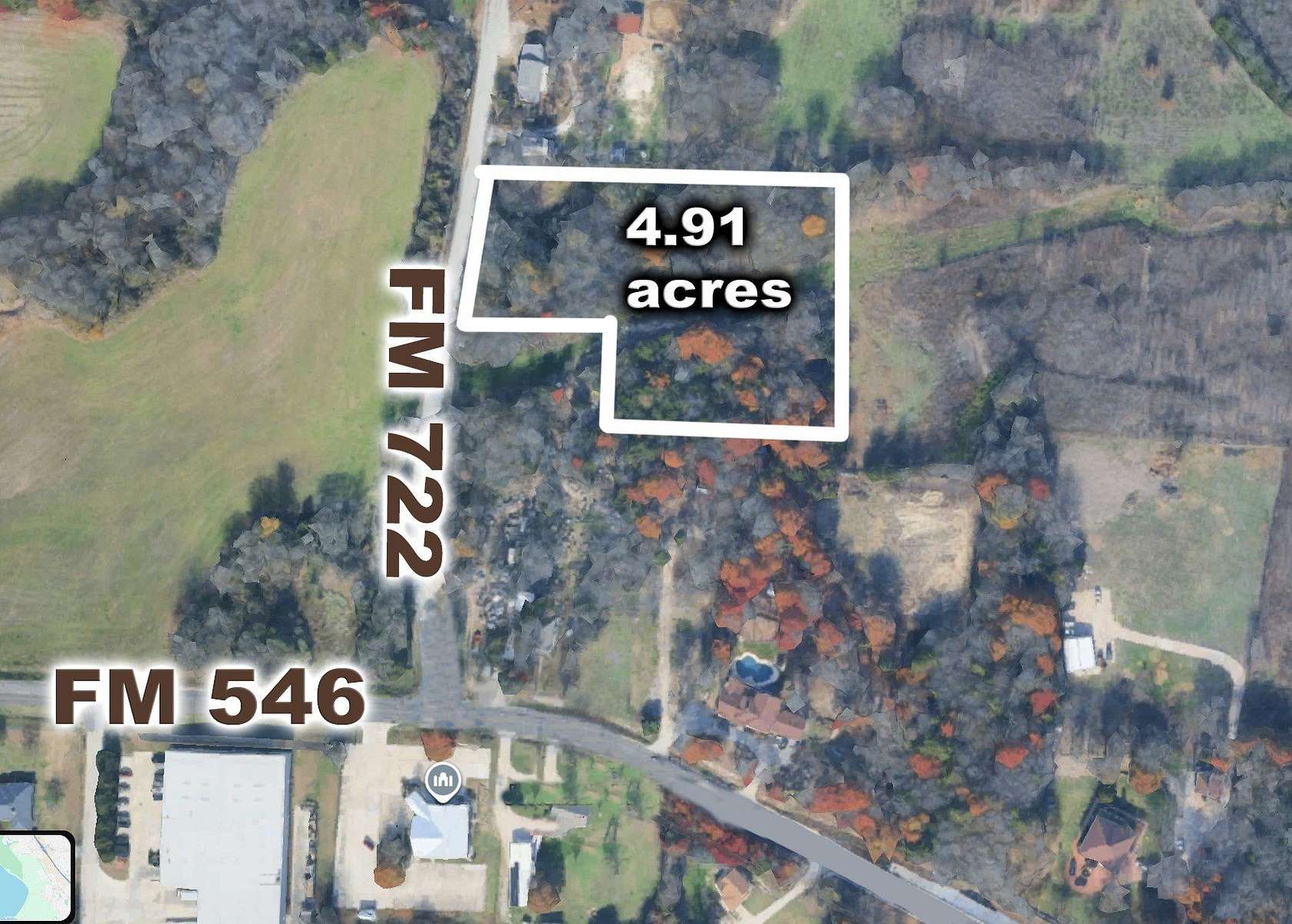 Listing aerial of the County Road 722 acreage in McKinney, with illustrative boundary markings