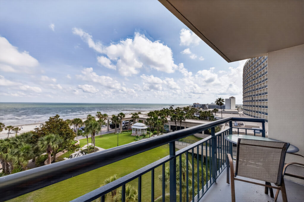 Balcony and Gulf view at 5220 Seawall Boulevard Unit 735, Galveston, photographed for Eaton in May 2026