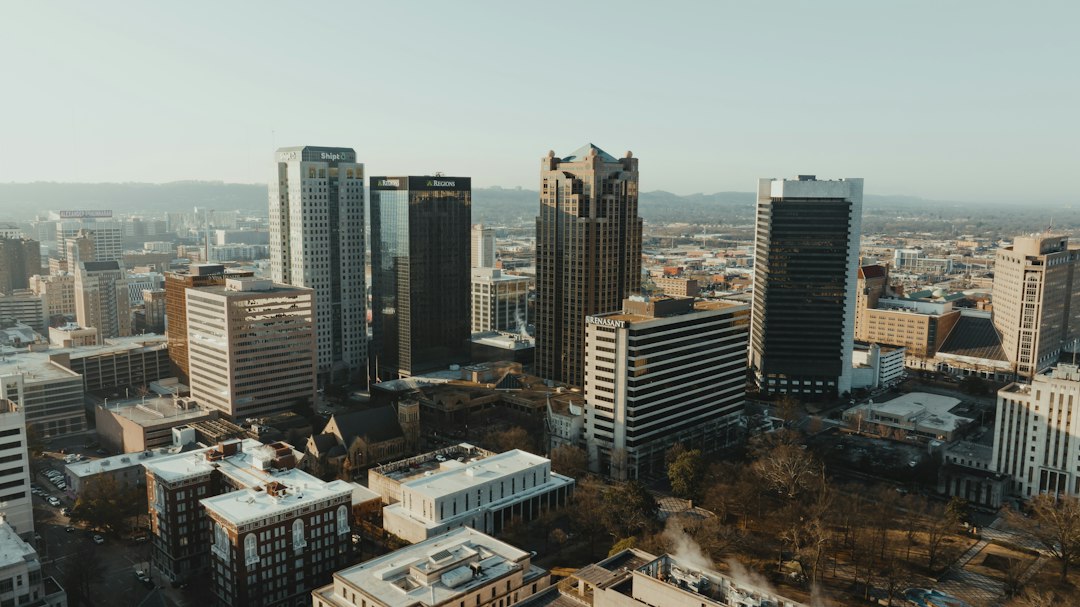 Aerial view of downtown Birmingham, Alabama, with urban buildings