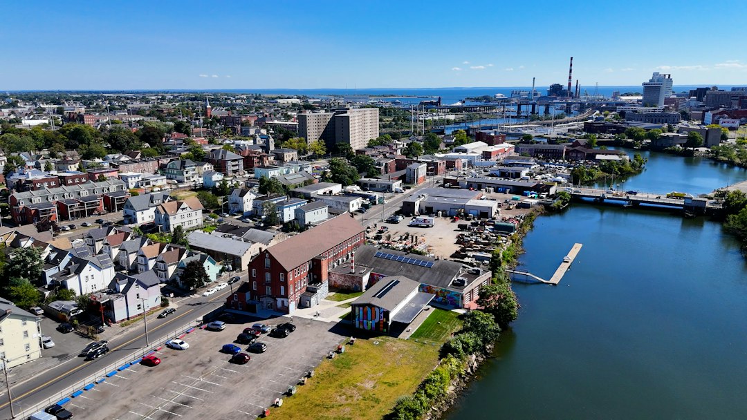 Aerial view of Bridgeport Connecticut and coastal waterways