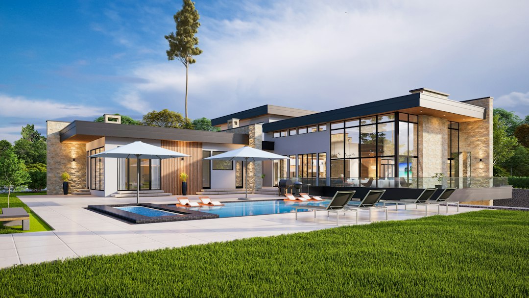 Modern luxury residence with glass walls and a swimming pool, illustrative exterior