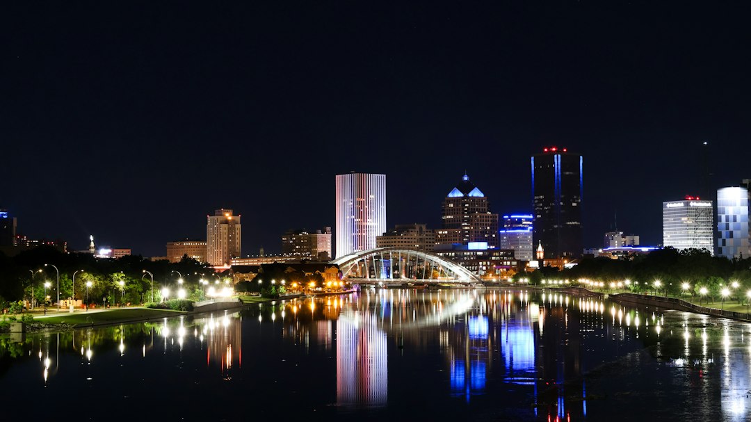 Downtown Rochester New York lights along the Genesee River